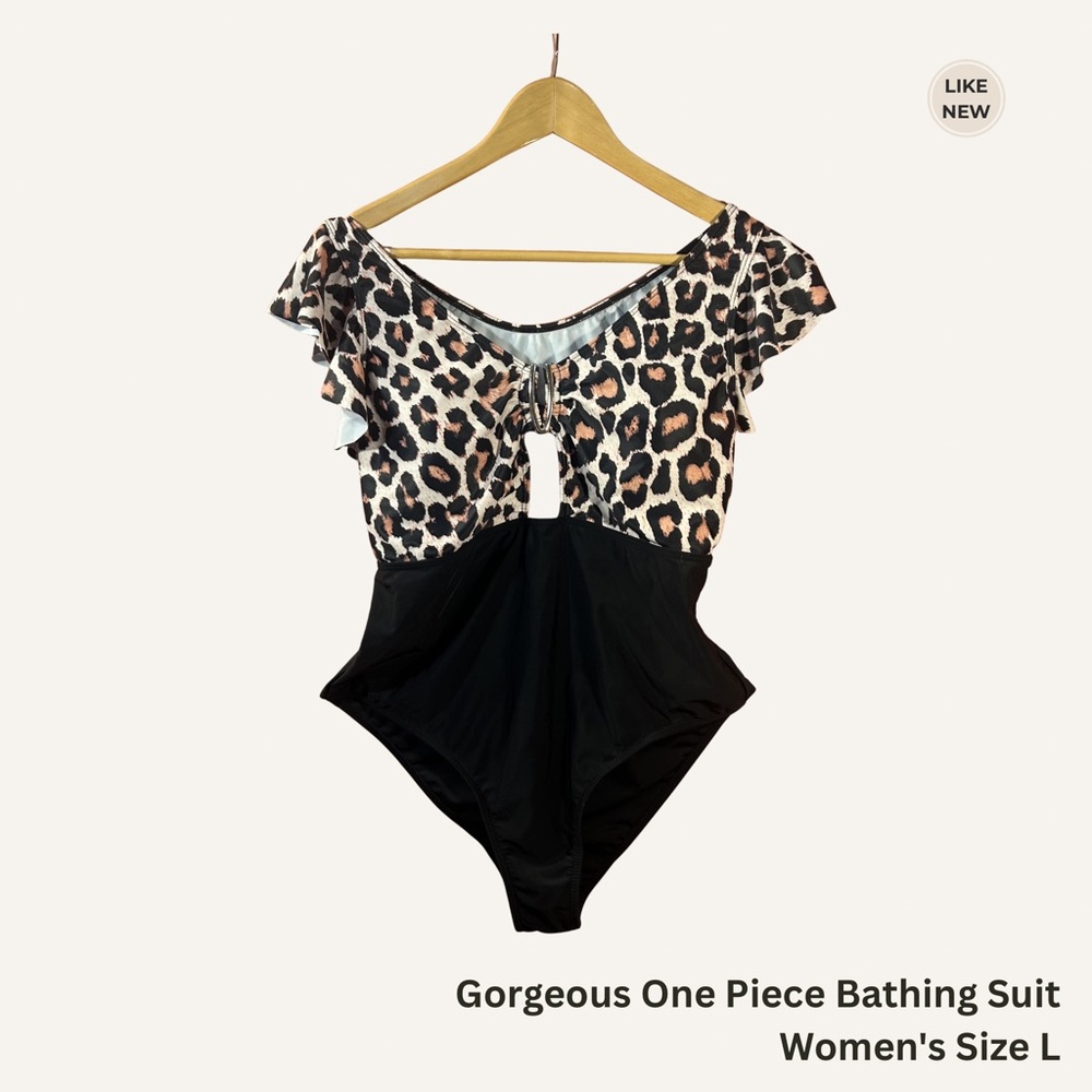 Leopard Print Salmon/Pink, Black One Piece Swimsuit - Flattering! New no tags